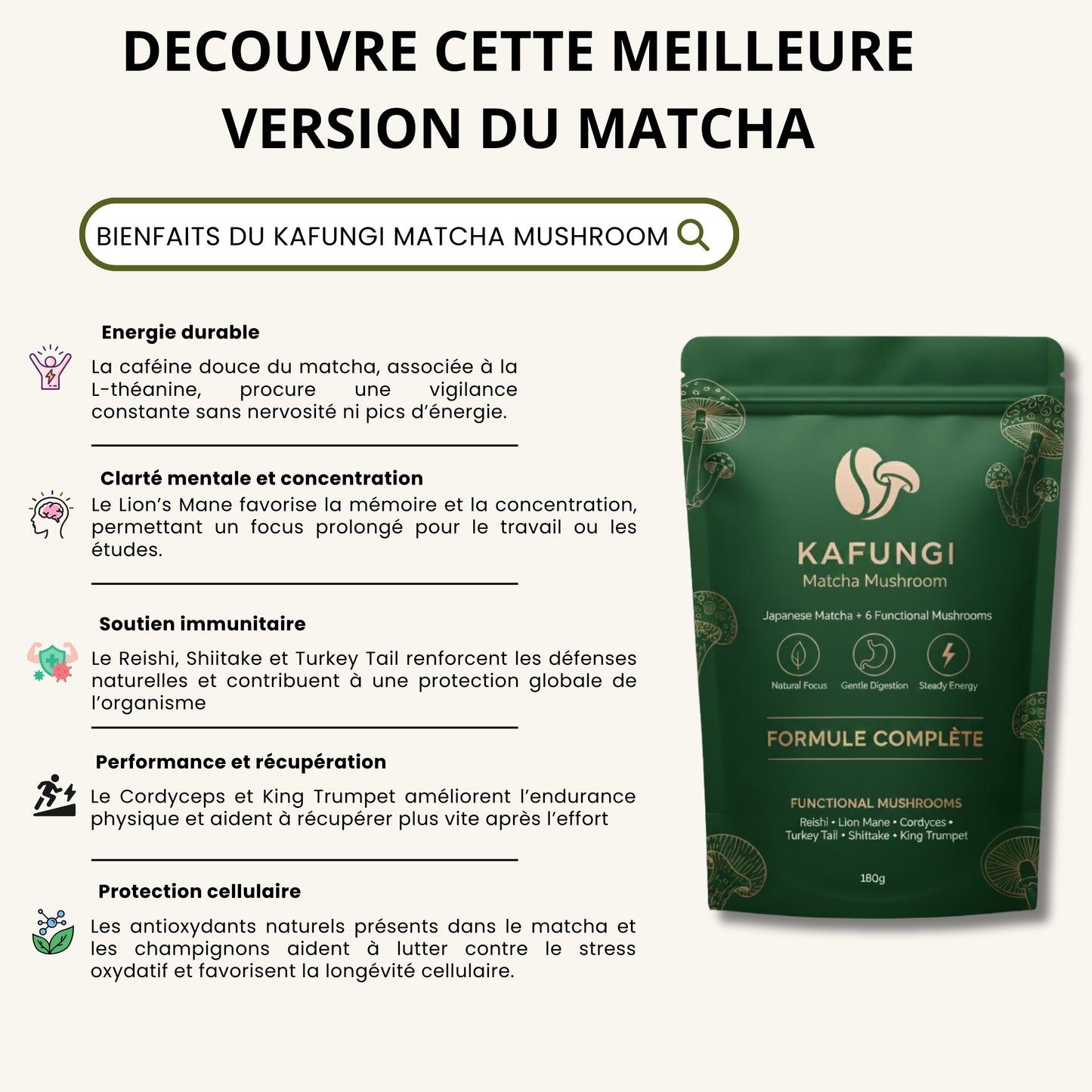 KAFUNGI Matcha Bio aux 6 Champignons Médicinaux